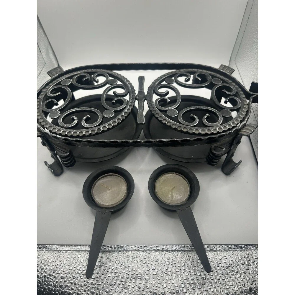 VTG Black Wrought Iron Dual Candle Casserole Dish Warmer Spanish Revival German